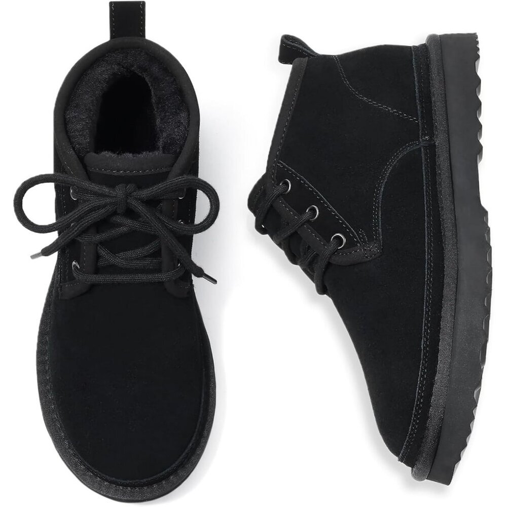 Women's Black aux Fur Ankle Lined Short Lace Up Snow Mini Booties Shoes